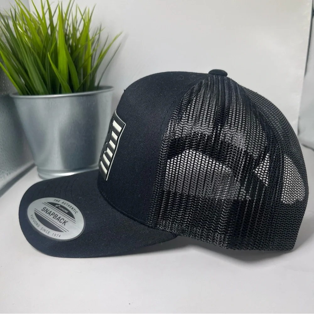 Yupoong Snapback Mesh Trucker Hat Flag Design & Navy Seal‎ Logo Black & White